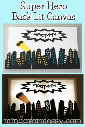 Cute by day, Light by Night! A great way to add a city scape to your super heroes walls if you do not want to stencil. A "how to" for battery operated LED lights included. 